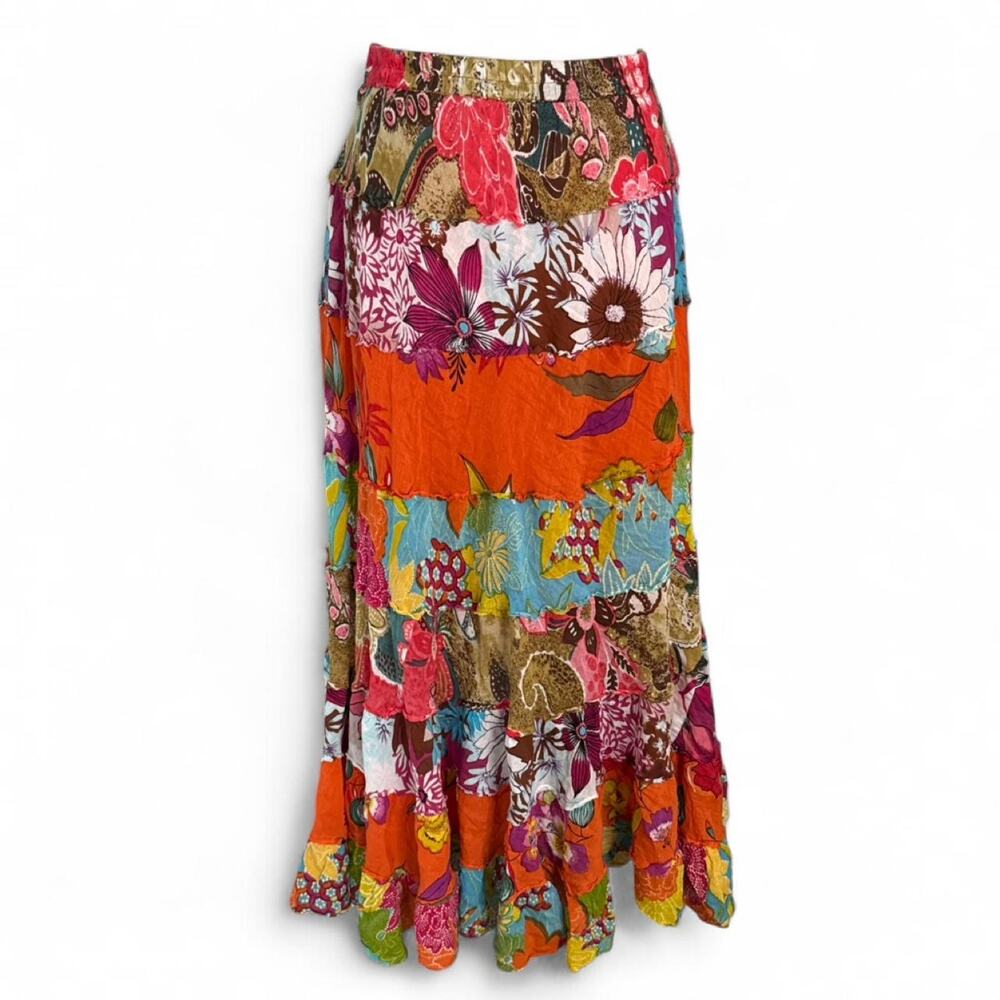 Allison Brittney Patchwork TropicalSummer Boho Fairy Maxi Skirt Low Rise Size XL